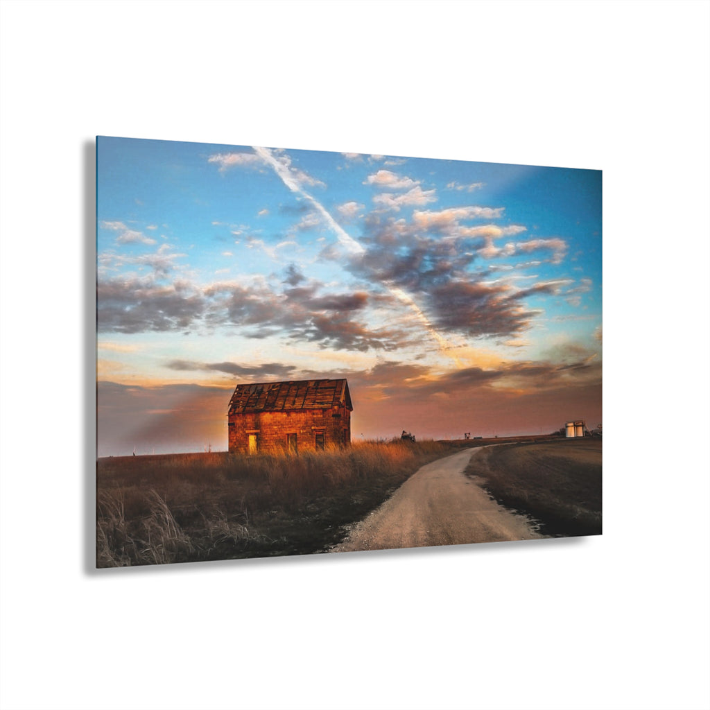 Barn at Sunset Acrylic Print — Rustic Country Landscape Wall Art (French Cleat Hanging)