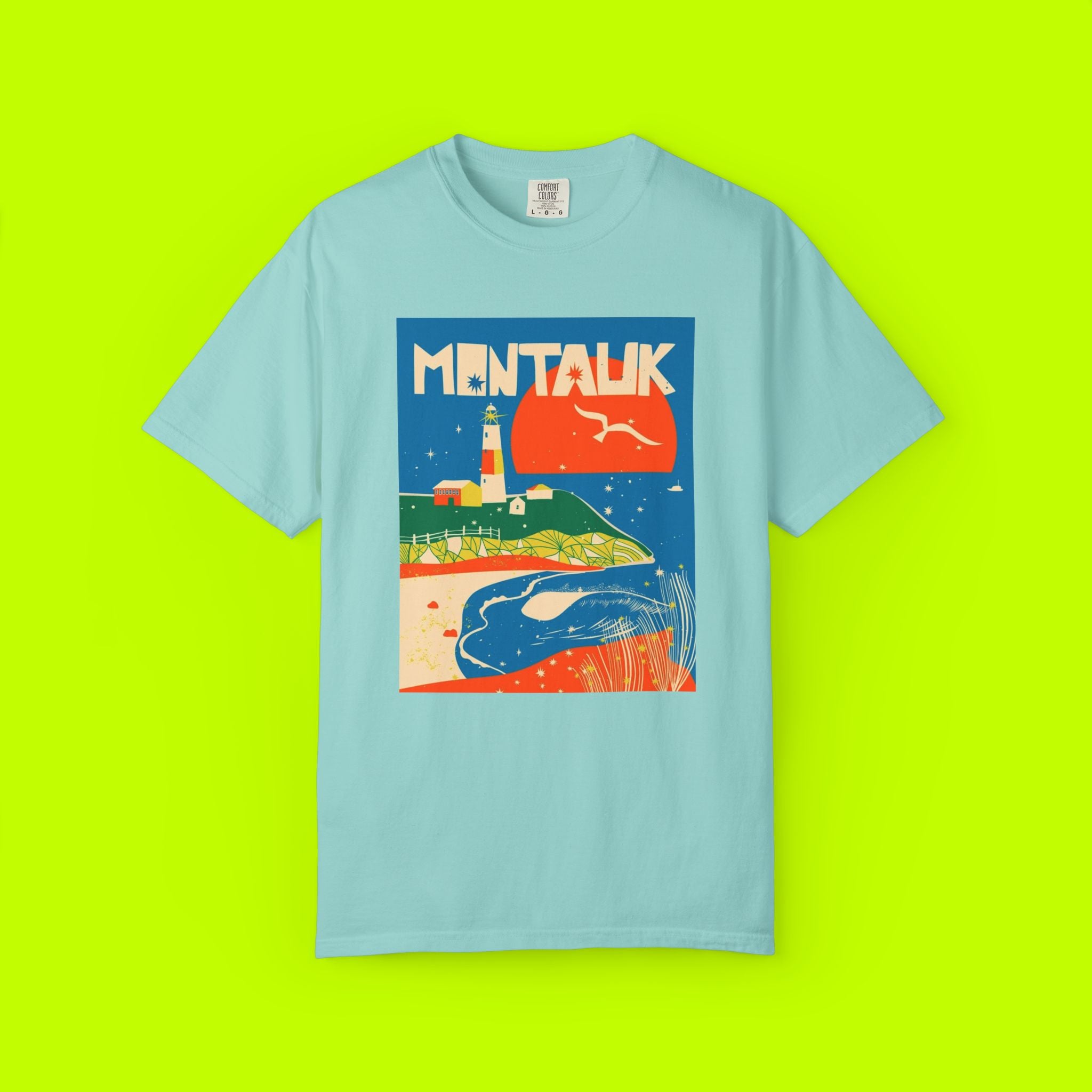 Montauk Sunset Unisex T-shirt, Beachwear, Summer Vacation Shirt, Gift for Travelers, Coastal Vibe Tee, Relaxed Fit Apparel