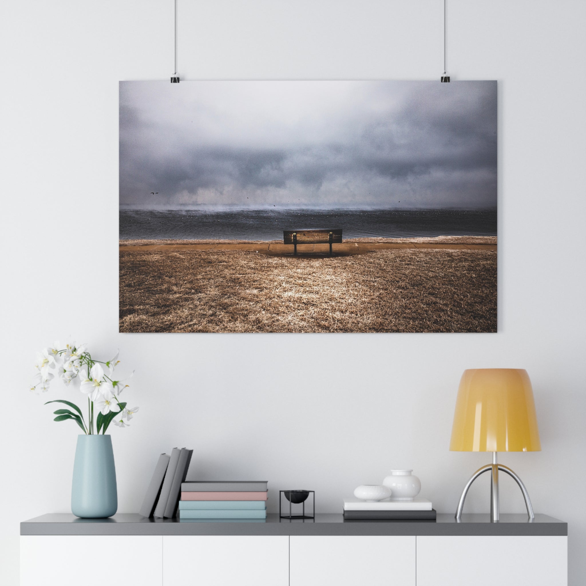 Stormy Seaside Bench -Giclée Art Print-Art By Jennifer Cummins