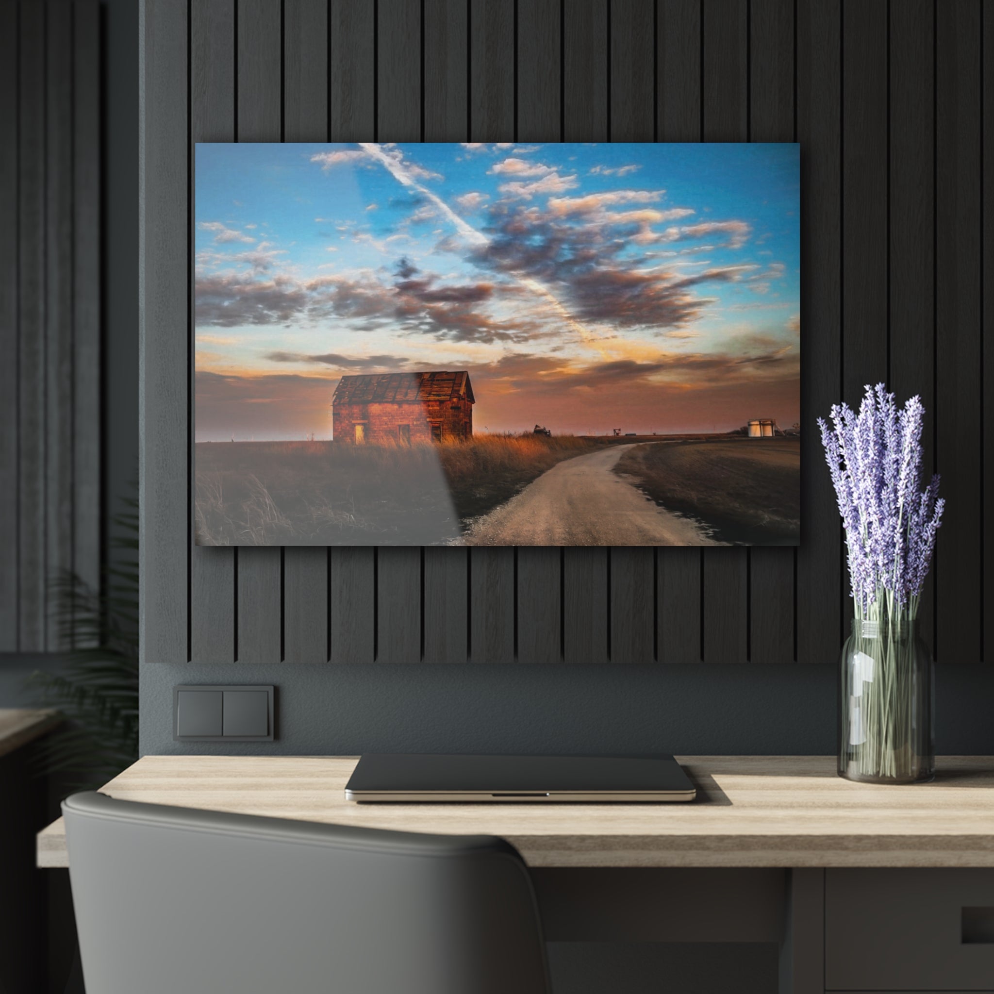 Barn at Sunset Acrylic Print — Rustic Country Landscape Wall Art (French Cleat Hanging)