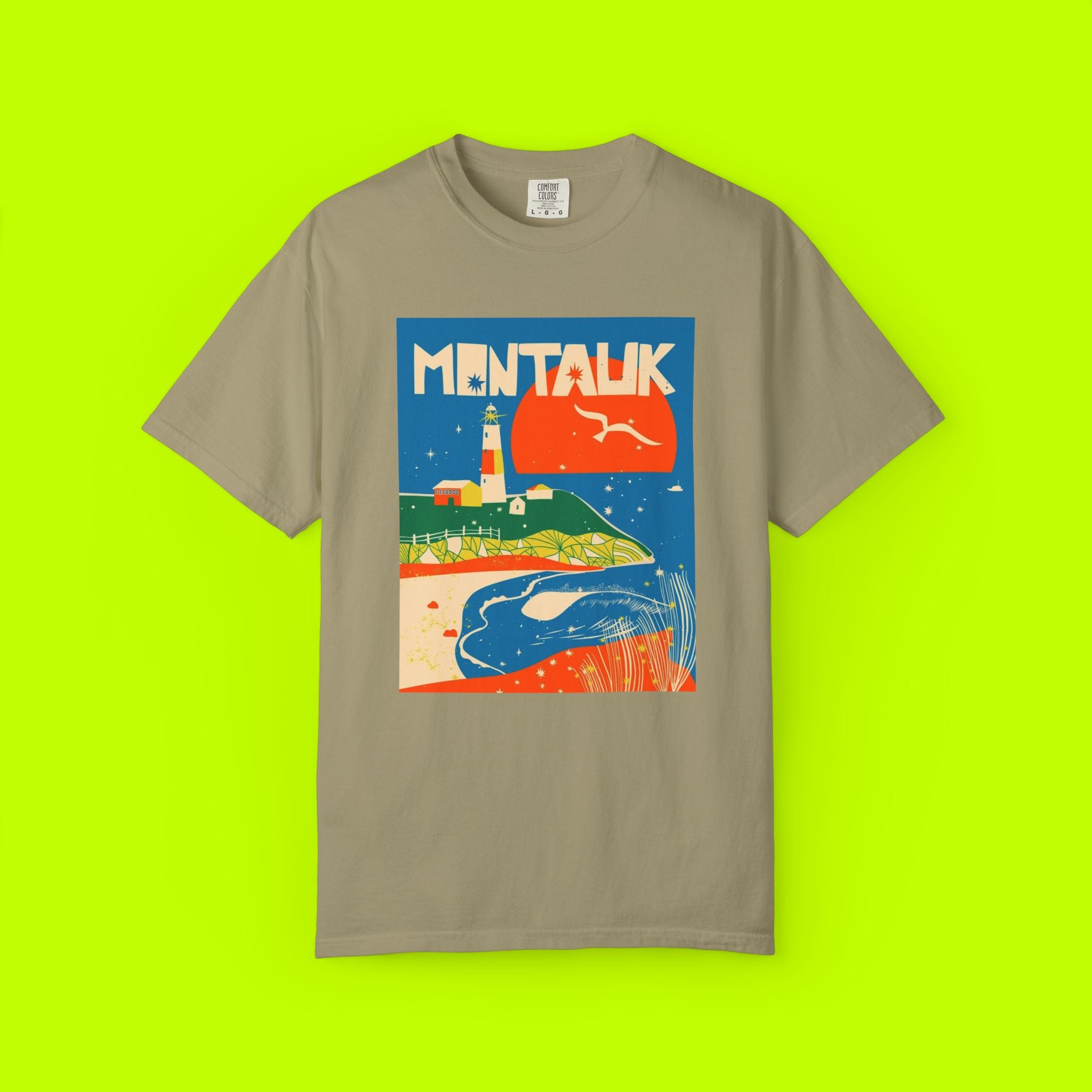 Montauk Sunset Unisex T-shirt, Beachwear, Summer Vacation Shirt, Gift for Travelers, Coastal Vibe Tee, Relaxed Fit Apparel