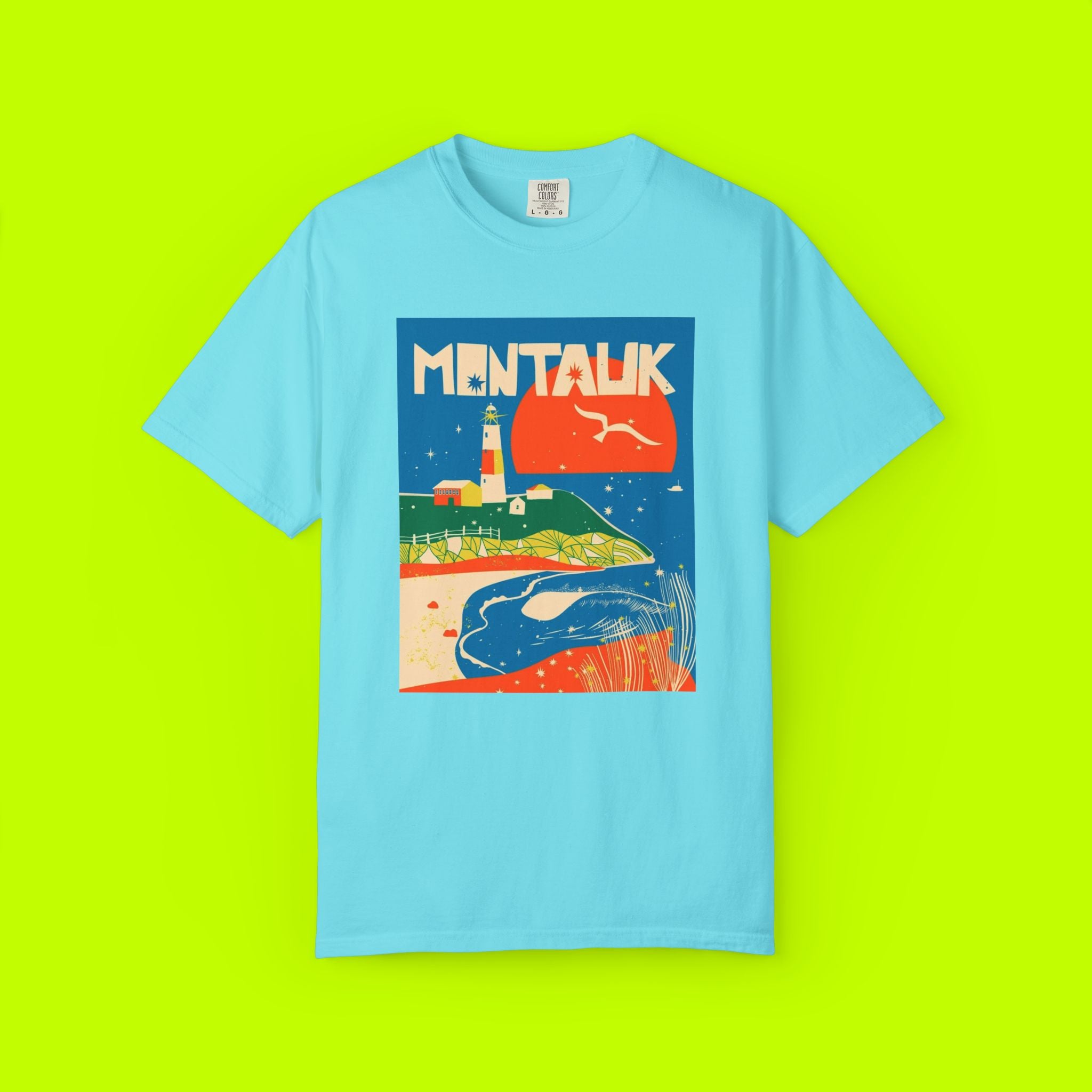 Montauk Sunset Unisex T-shirt, Beachwear, Summer Vacation Shirt, Gift for Travelers, Coastal Vibe Tee, Relaxed Fit Apparel
