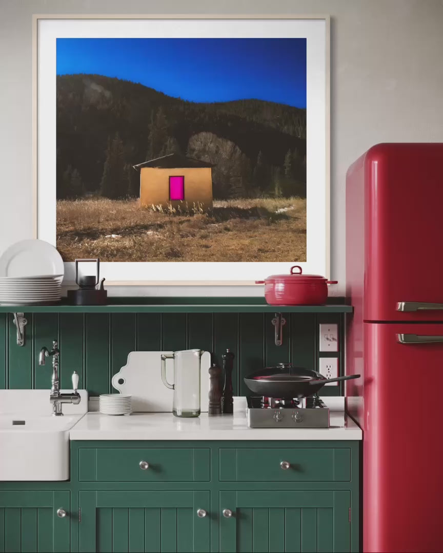 Desert Cabin with Pink Door, Giclée Art Print- Art by Jennifer Cummins